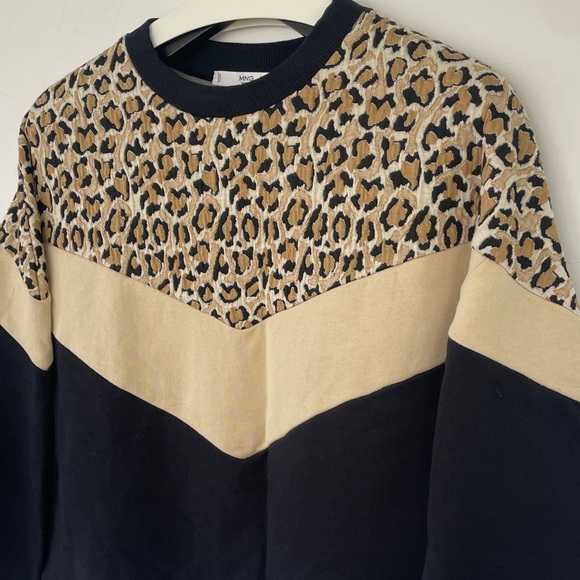 Mango Leopard Chevron 100% Cotton Sweatshirt Black and Tan Small - Picture 1 of 15